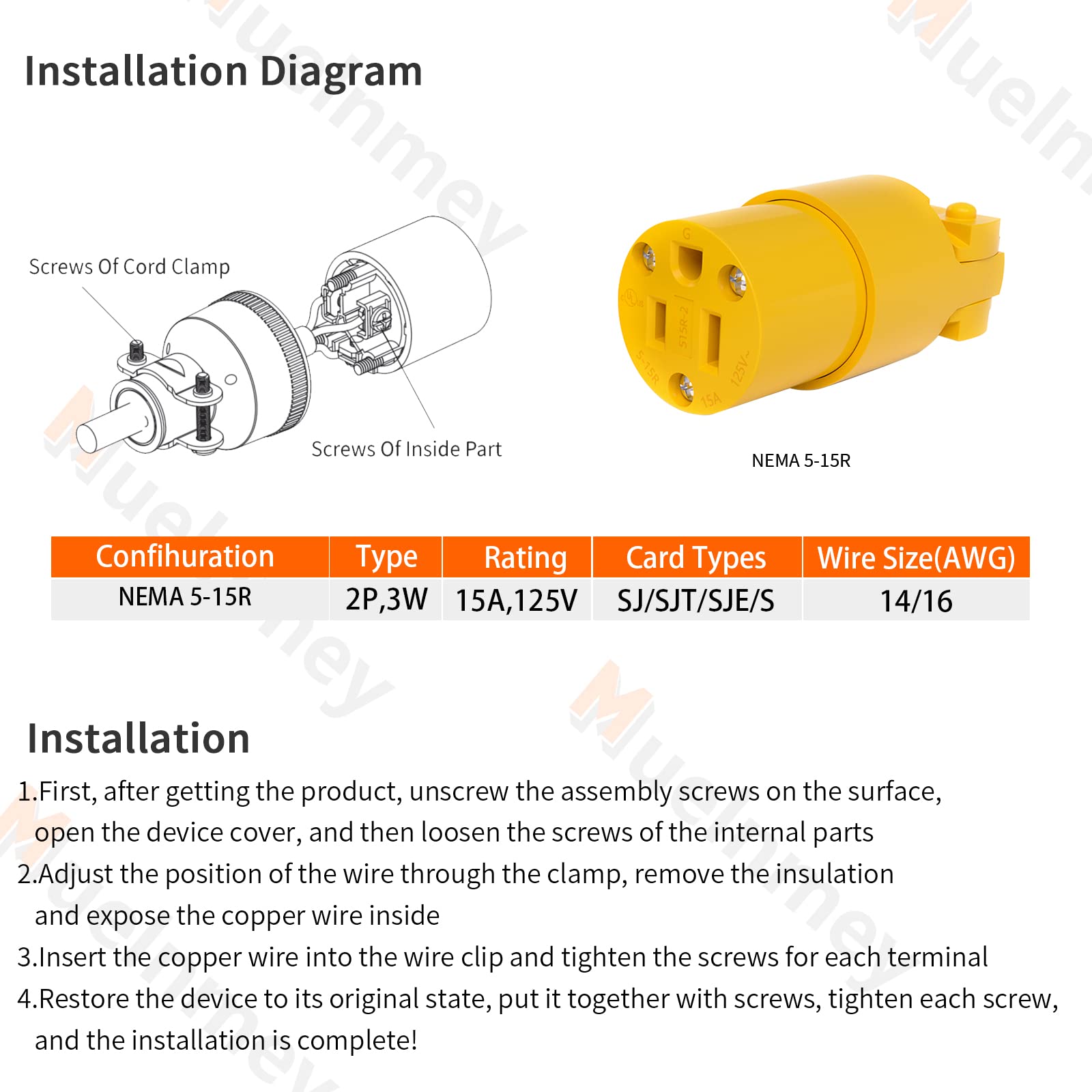 Muelnmey 10Pcs Extension Cord Ends Electrical Replacement Connector Nema 5 15R 15A 125V Yellow Shell 2 Pole 3 Wire Grounding Fem